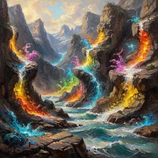 Prompt: a partial formed wave of vibrant cascading light form surrounding a plateau of crazy rock wall swarms of mechanical beings