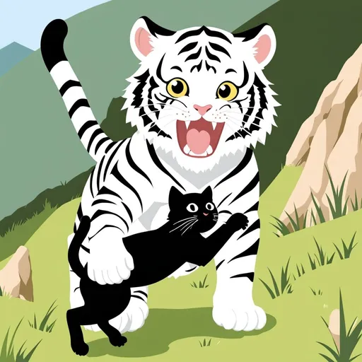 Prompt: Tiger attacking little black kitten with white legs hillside