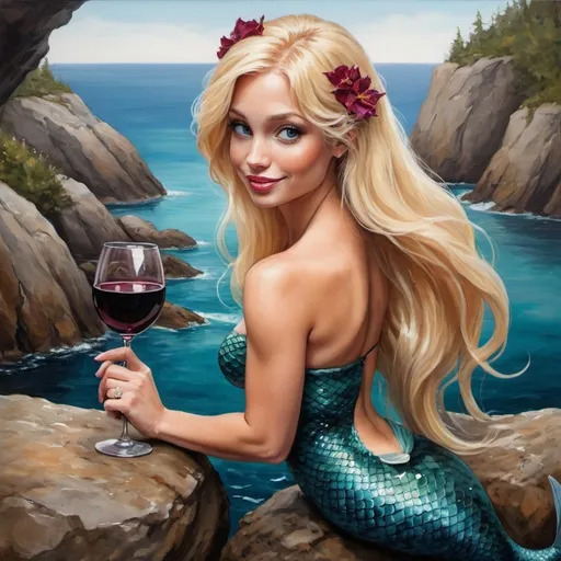 Prompt: painting of a mermaid with blonde hair  on a rock holding a glass of red wine.Make her happy looking
