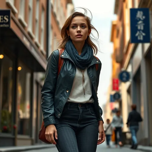 Prompt: Tall young woman walking down the high street, detailed clothing, realistic, natural lighting