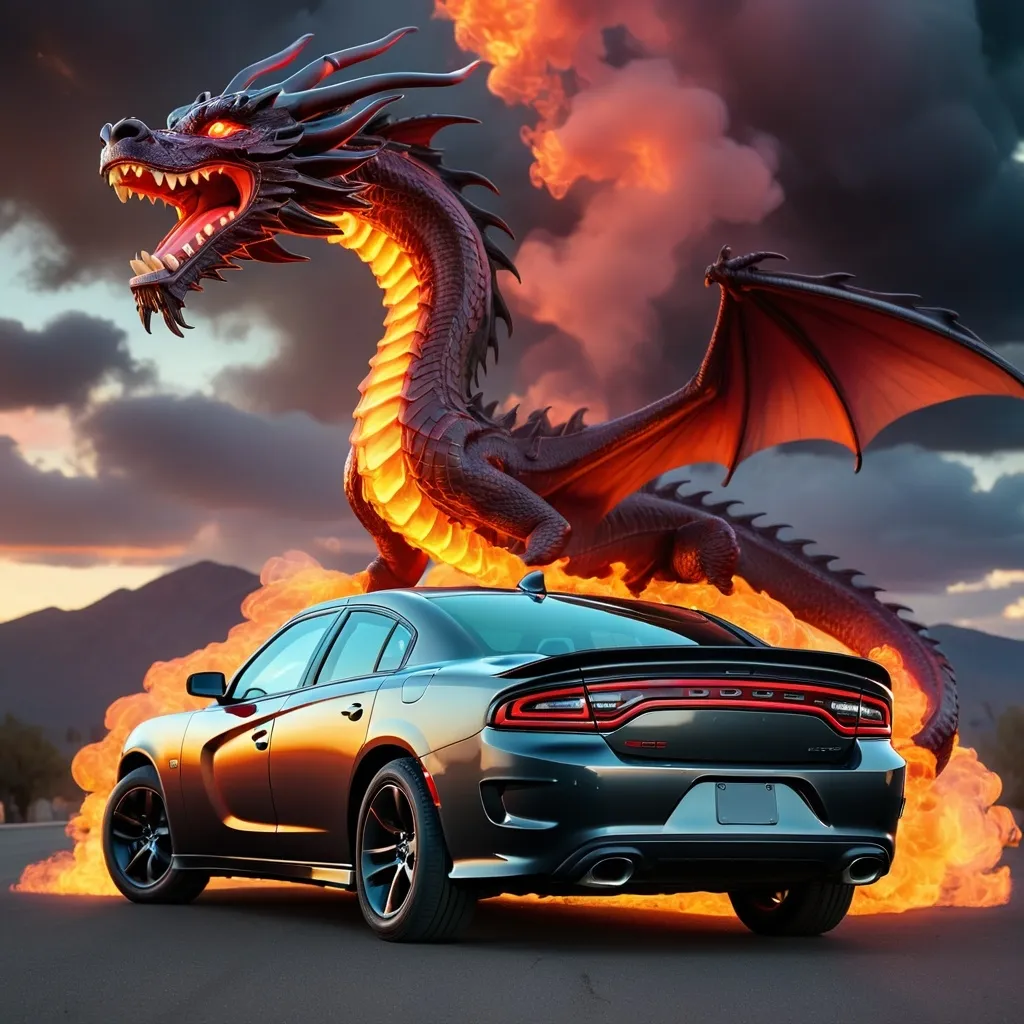 Prompt: 2019 Dodge charger sxt car with dragon breathing fire on roof