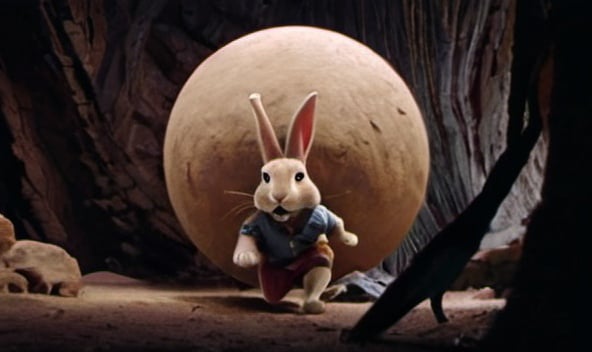 Prompt: a rabbit is running through a cave with a large ball in the background .