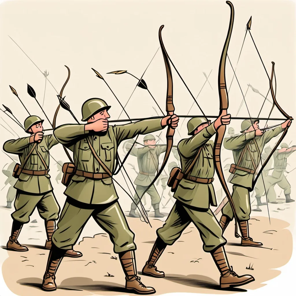 Prompt: Cartoon image of soldiers using arrow and bow 