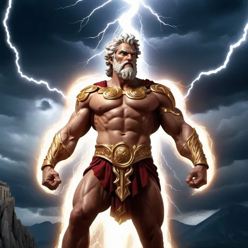 Prompt: 

Zeus looms behind Percy, his figure towering and majestic, clad in regal robes and wielding a crackling lightning bolt in one hand. His expression is stern and powerful, with sparks of electricity dancing around him, emphasizing his divine nature.

The background showcases Mount Olympus, rising majestically into the sky, its peaks wreathed in clouds and bathed in the warm glow of Zeus’s lightning bolts. The mountain is surrounded by other iconic landmarks from the Percy Jackson series, such as the Parthenon and the Empire State Building, symbolizing the clash between ancient mythology and the modern world. Mythical creatures like the Minotaur and the Chimera lurk in the shadows, hinting at the dangers and challenges that Percy and Zeus must face.