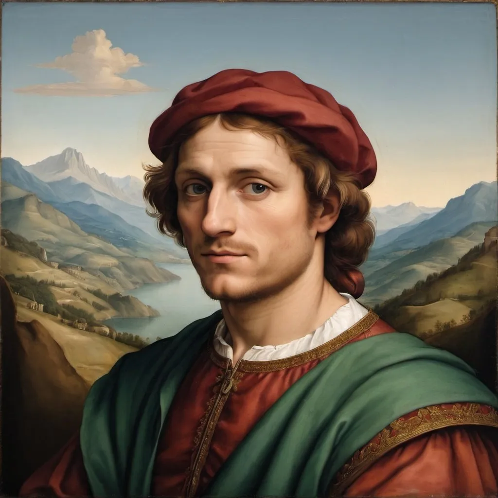 Prompt: A painted portrait of a man in the style of Italian Renaissance painter Raphael with mountains in the background.