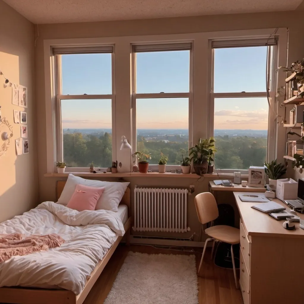 Prompt: cute aesthetic dorm room with a sky out the window.
