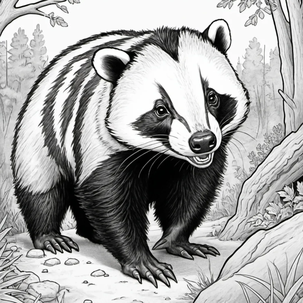 Prompt: Coloring book image of "Bad Billy Badger"