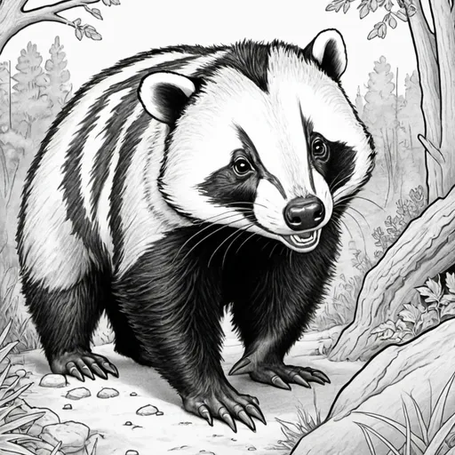 Prompt: Coloring book image of "Bad Billy Badger"