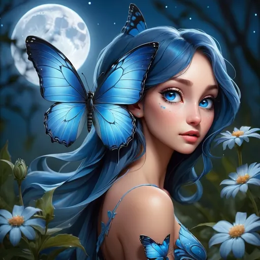 Prompt: Fantasy Blue butterfly under the moonlight