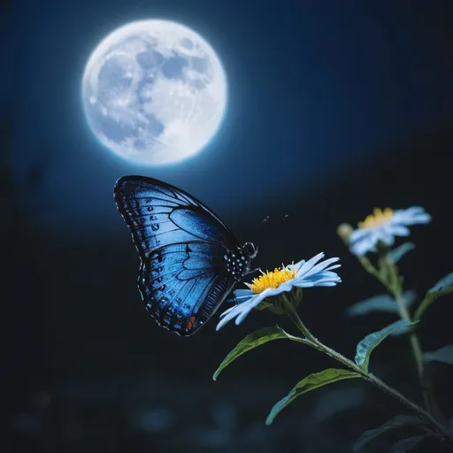 Prompt: Blue butterfly under the moonlight