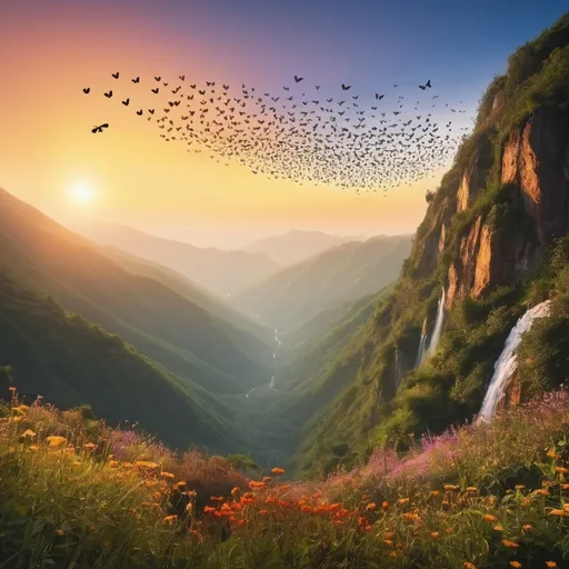 Prompt: Waterfalls in a mountain captured during sunrise with birds flying, butterflies