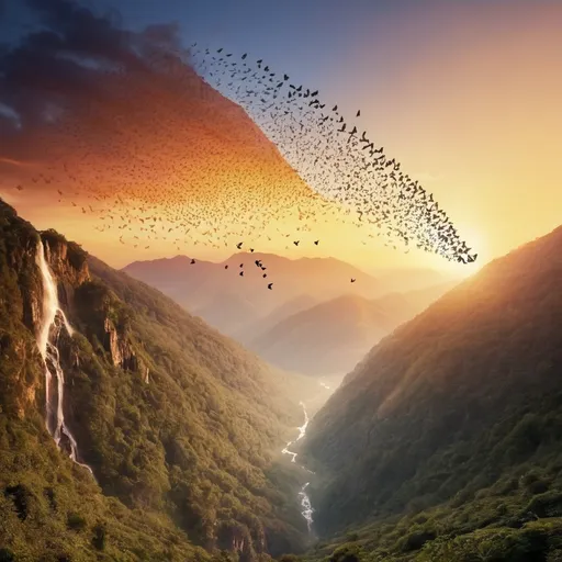 Prompt: Waterfalls in a mountain captured during sunrise with birds flying, butterflies