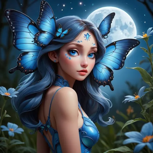 Prompt: Fantasy Blue butterfly under the moonlight