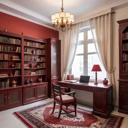 Prompt: Study room in an apartment unit - with window and great light - traditional design study table - reading lamp - Persian carpet - laptop on the table - comfortable furniture - white and crimson room theme