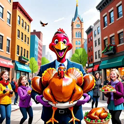 Prompt: A colorful and cheerful cartoon-style logo featuring a joyful character handing out turkeys to happy people in a lively urban setting. The character is smiling, dressed in bright, welcoming colors, and holds a turkey while others are being handed out nearby. The backdrop includes a festive cityscape with stylized buildings, trees, and a sense of community celebration. The name ‘Server 1083’ is prominently displayed in bold, vibrant letters, creatively integrated into the design, ensuring it stands out as a key feature. The overall style is playful, family-friendly, and full of warmth and generosity.