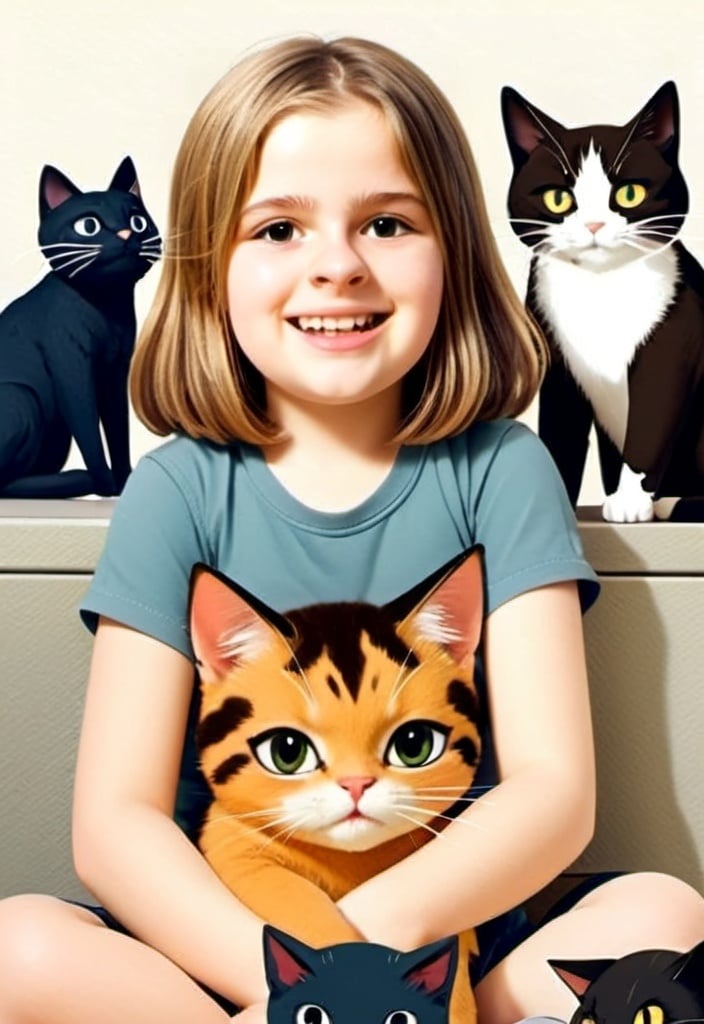 Prompt: Generate an image featuring a whimsical anime-style illustration of a young girl sitting cross-legged on the floor surrounded by 5 playful cats. She has a big smile on her face as she interacts with the cats, perhaps petting one or playing with a toy. The girl’s head is proportional to her body size. In the background, there could be some colorful decorations or items related to anime (such as posters or plush toys).