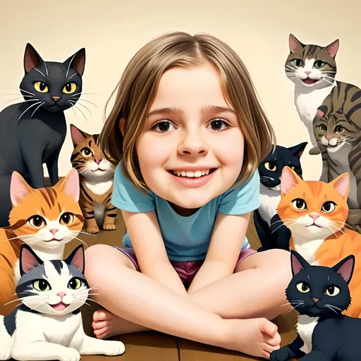 Prompt: Generate an image featuring a whimsical anime-style illustration of a young girl sitting cross-legged on the floor surrounded by 5 playful cats. She has a big smile on her face as she interacts with the cats, perhaps petting one or playing with a toy. In the background, there could be some colorful decorations or items related to anime (such as posters or plush toys).