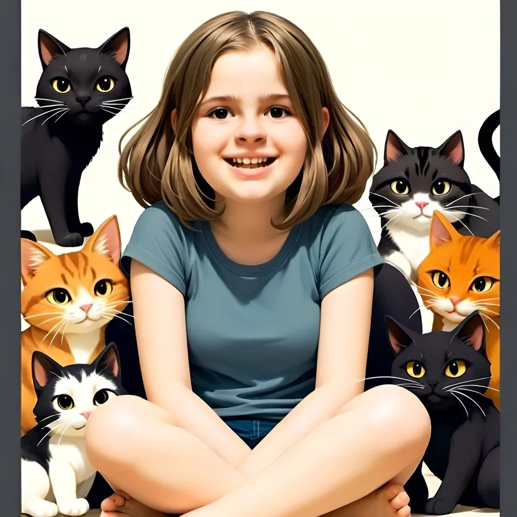 Prompt: Generate an image featuring a whimsical anime-style illustration of a young girl sitting cross-legged on the floor surrounded by 5 playful cats. She has a big smile on her face as she interacts with the cats, perhaps petting one or playing with a toy. The girl’s head is proportional to her body size. In the background, there could be some colorful decorations or items related to anime (such as posters or plush toys).