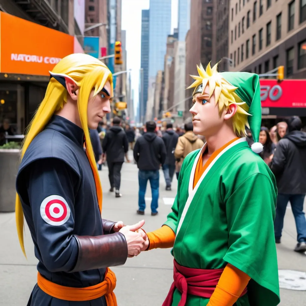 Prompt: A elf talking to naruto in nyc