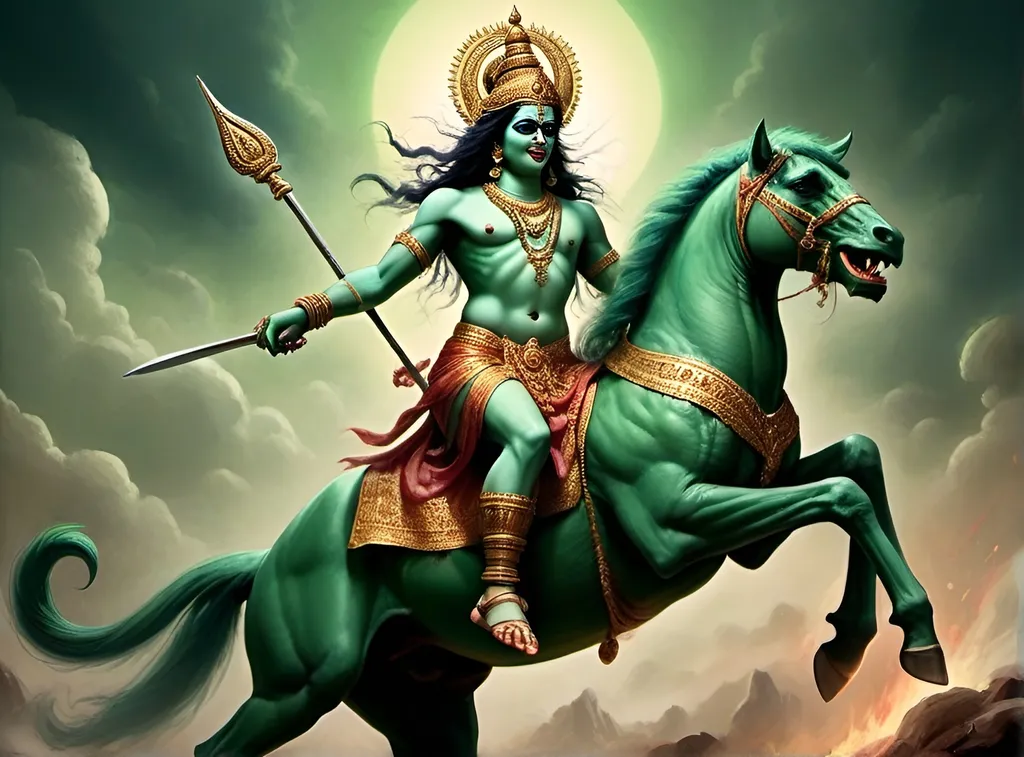 Prompt: A gruesome war between Lord Kalki and Kali. Kalki is the final incarnation of the Hindu God Vishnu. He is mounted on a white horse, armed with powerful weapons with a beautiful, divine, serene face, adorned in a royal armour. Kalki fights Kali, a demon with a hideous face, brownish skin, sharp fangs, pointed ears, and long green bushy hair. The demon Kali is ferocious and evil with gory features.