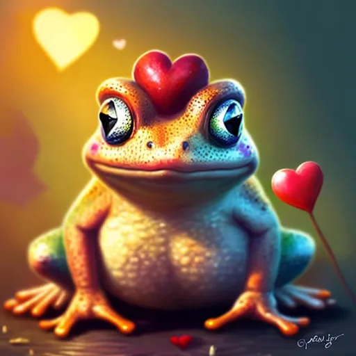 Prompt: Loving and romantic toad illustration, heartwarming expression, detailed texture, high-quality, digital painting, vibrant colors, cute and charming, Valentine's Day, adorable frog, heart background, cozy lighting, professional artwork