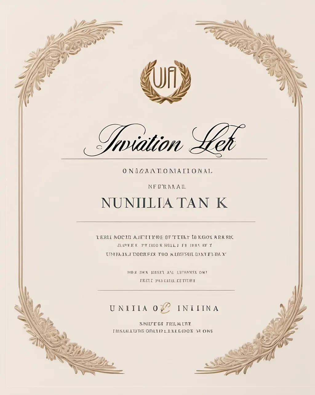 Prompt: (accidentally spelled text "invitation letter unifil onz"), elegant design, clean typography, muted color palette, soft light, luxurious textures, tasteful embellishments, an inviting atmosphere, minimalistic layout, decorative borders, subtle graphic elements, high-quality print simulation, sophisticated and professional look, ideal for formal invitations.