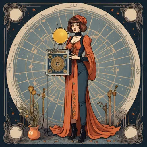 Prompt: A woman with modern clothes holding a electronic music machine. full body. In the style of a vintage Tarot Card