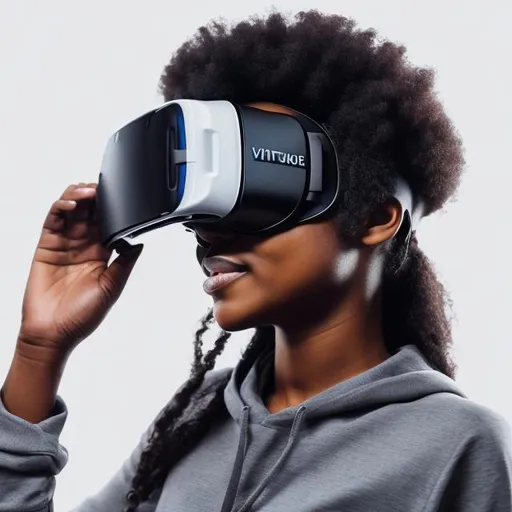 Prompt: Young Black young woman wearing Gear Vr headsets with white background