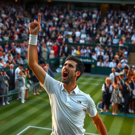 Prompt: (winning moment Novak Djokovic), (Wimbledon championship), intense emotions, triumphant pose, green grass court, vibrant audience, (sunset hues), warm lighting, dynamic movement capture, sportsmanship spirit, (4K, ultra-detailed), celebratory atmosphere, iconic Wimbledon trophies in the background, excitement and jubilation in the air.