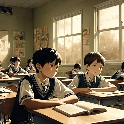 Prompt: (incredible depiction of school life) A boy sitting in a classroom, gazing longingly at the girl he likes, emotional connection, warm ambient lighting streaming through windows, detailed classroom background with books and posters, muted color tones for a nostalgic atmosphere, subtle expressions of hope and admiration, ultra-detailed, high quality, capturing a moment full of youthful innocence.