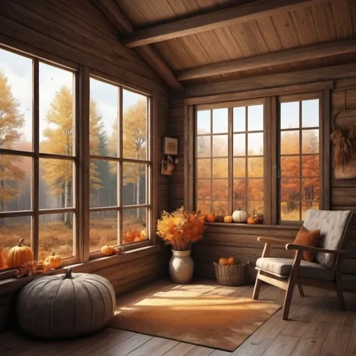 Prompt: Autumnal decor, interior ot cabin in fall time forest, hyper realistic, photo realism