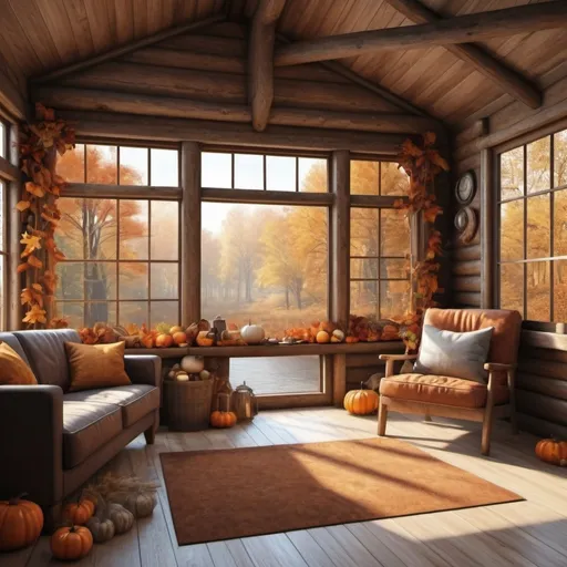 Prompt: Autumnal decor, interior ot cabin in fall time forest, hyper realistic, photo realism