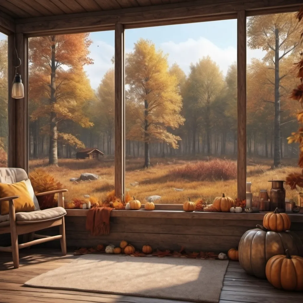 Prompt: Autumnal decor, interior ot cabin in fall time forest, hyper realistic, photo realism