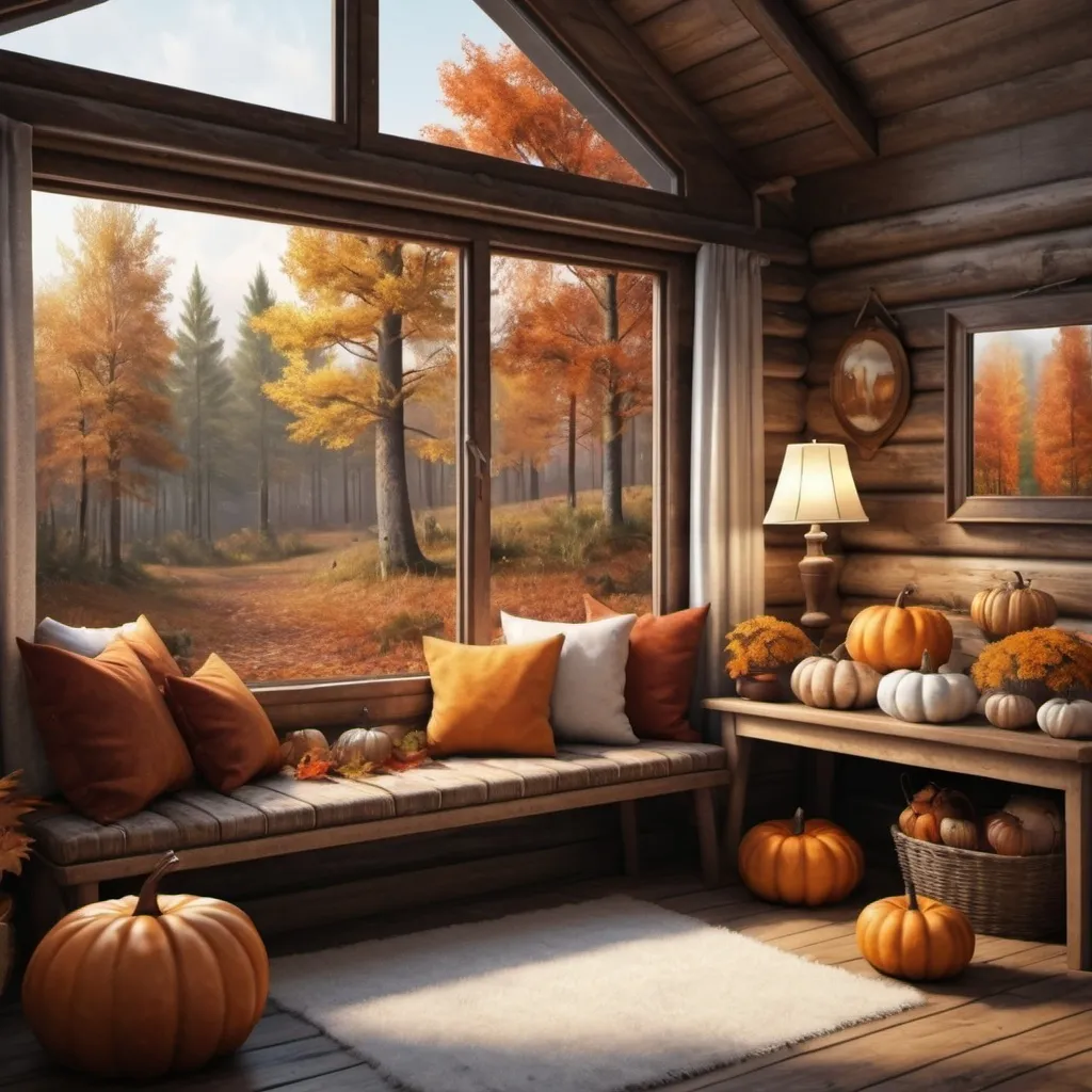 Prompt: Autumnal decor, interior ot cabin in fall time forest, hyper realistic, photo realism