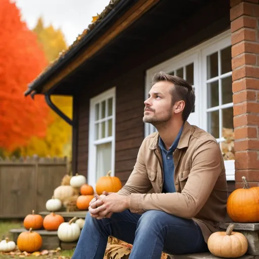 Prompt: Man daydreaming about decorating for autumn outside cottage