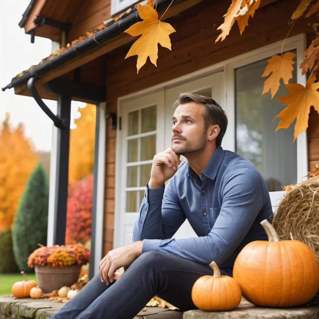 Prompt: Man daydreaming about decorating for autumn outside cottage