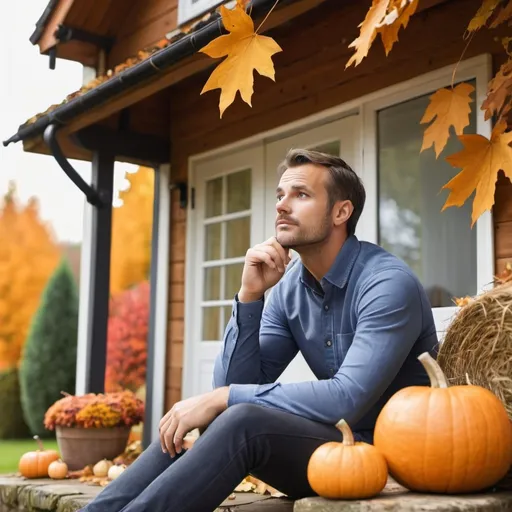 Prompt: Man daydreaming about decorating for autumn outside cottage