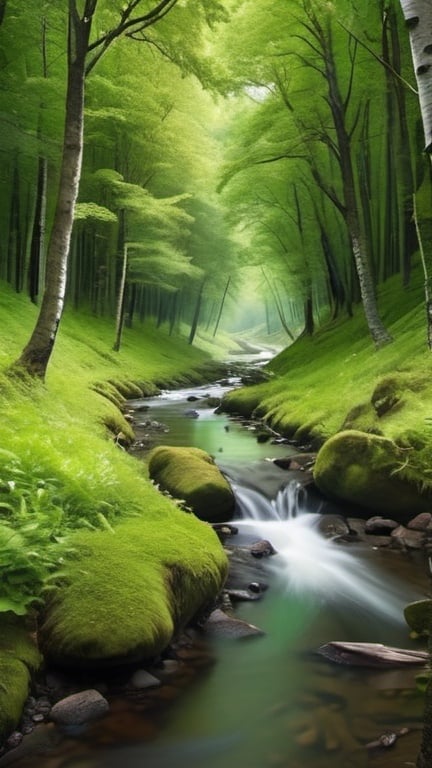 Prompt: The road runs through a green forest with a flowing stream