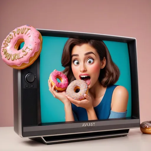 Prompt: a woman is on a television screen with a donut in her hand and a caption that reads stop doubting yourself, Avgust Černigoj, verdadism, very inspirational, a screenshot
