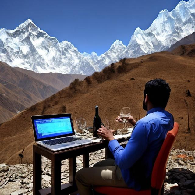 Prompt: A man sitting on chair with laptop and  wine in himalaya region in search of Bull in stock exchange