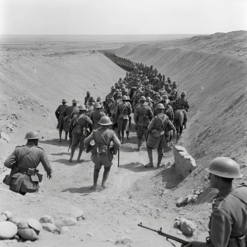 Prompt: Sultanate of Egypt and UK soldiers in  Wafd Party 1919 Making A charge to capture the trenches  black and white 