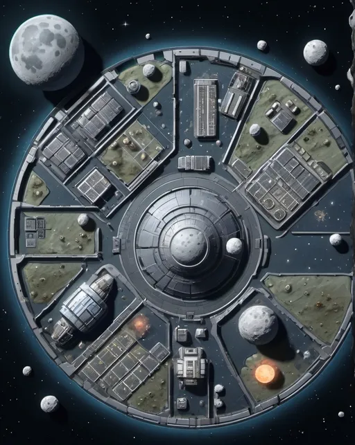 Prompt: A top-down map of a space colony Moon, 3d battlemap, highly details, 8k, space style