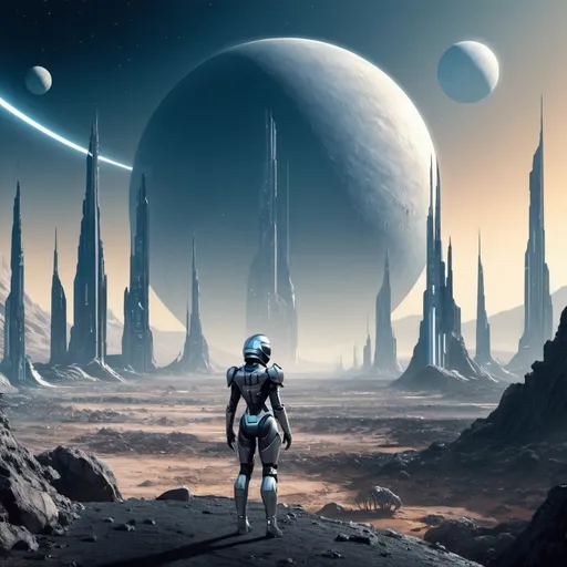 Prompt: "A futuristic city on the horizon of Ceres, with a person standing before it in sci-fi armor."