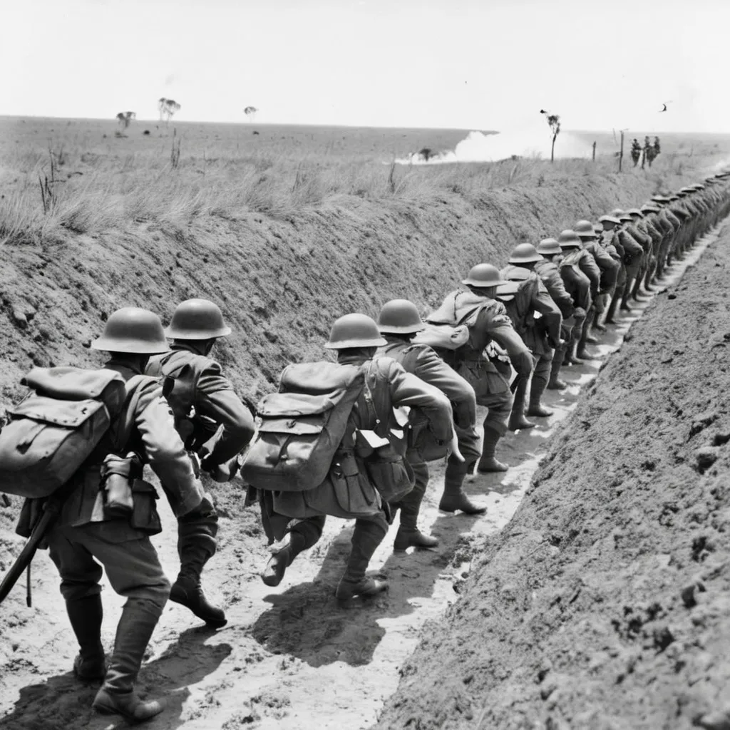 Prompt: australia soldiers in  Emu 1932 Making A charge to capture the trenches  black and white 