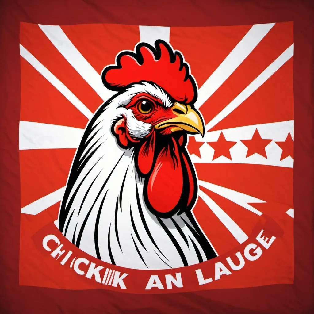 Prompt: A revolutionary flag with Name symbols of uprising and change, Chicken language.