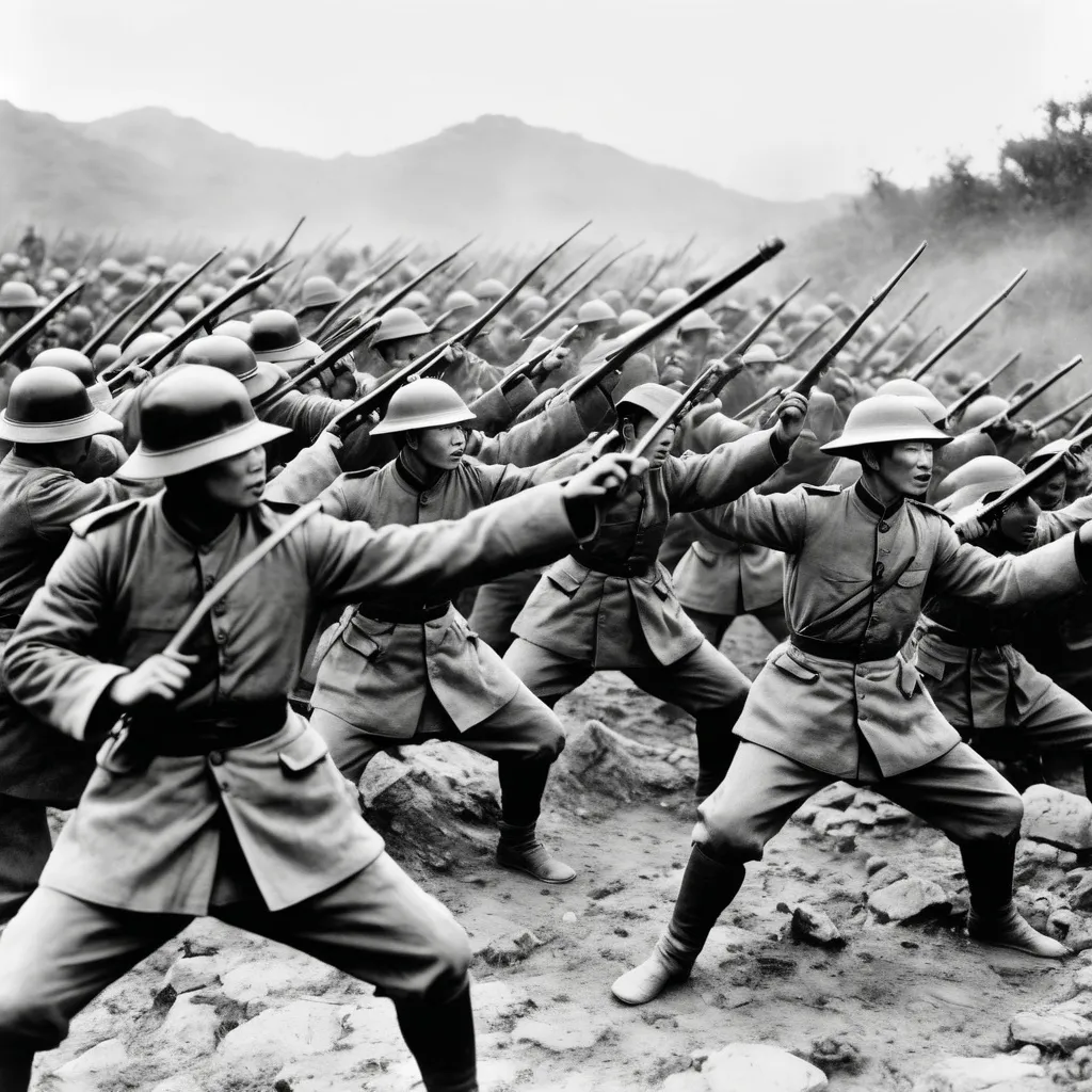 Prompt: Eight-Nation Alliance soldiers in  Qing dynasty And Boxer movement 1899 Making A charge to capture the trenches  black and white 