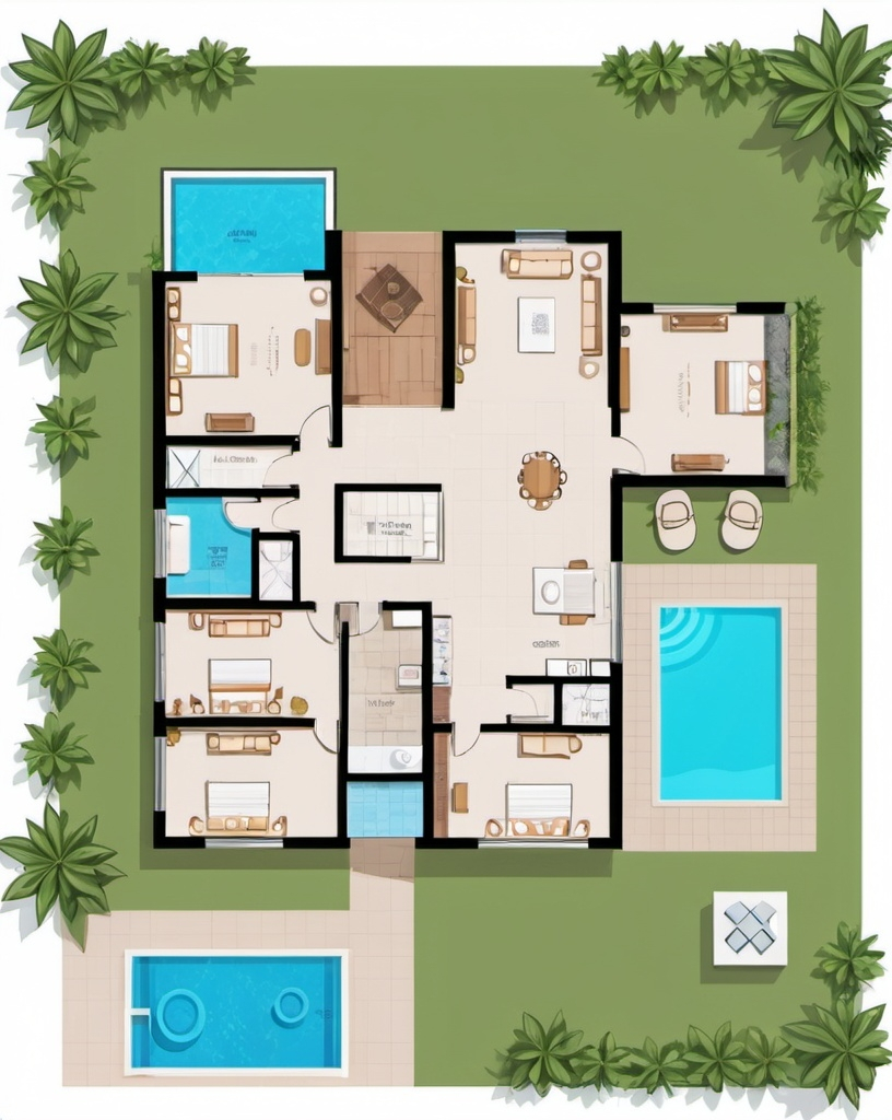 Prompt: Ayam home floorplan, backyard, frontyard, pool, 2D vector illustrations, high quality, detailed layout, modern design, professional style, minimalistic, precise lines, clean and crisp, luxurious space, top-notch, well-crafted, artistic floorplan, spacious layout, accurate representation, high-res, polished, architectural, detailed home, clear and precise, professional vector illustration, organized and efficient, minimalistic design, 100×10