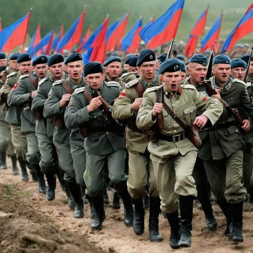 Prompt: Russia soldiers in  🇬🇪 2006 Making A charge to capture the trenches  patriotic colors