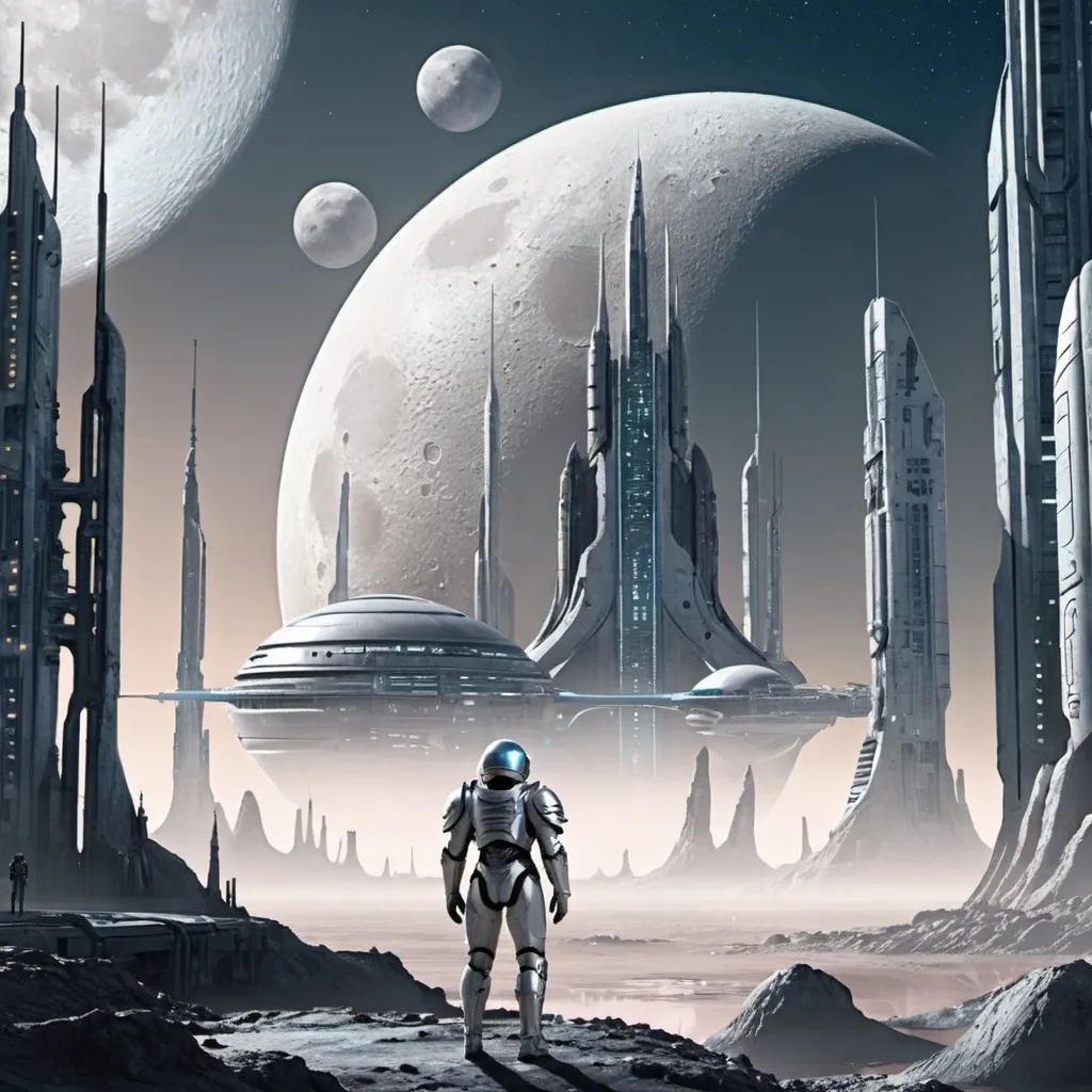 Prompt: "A futuristic city on the horizon of Europa (moon), with a person standing before it in sci-fi armor."