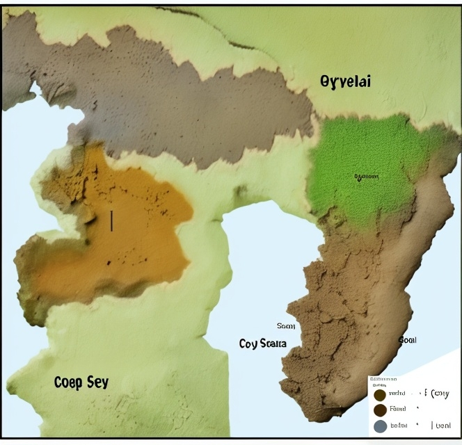 Prompt: Create a map of Coy showing soil types, Map puppeted: Poop, West Telangana, Bali Poop, telangana island.